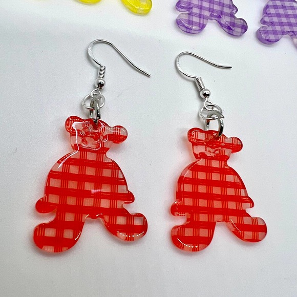Teddy Bear Earrings - Baby Shower Earrings - Gender Reveal Earrings - Plaid Bear - Picture 4 of 10